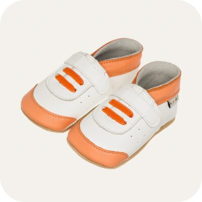Chaussons bébé cuir souple Baskets Blanches et Oranges